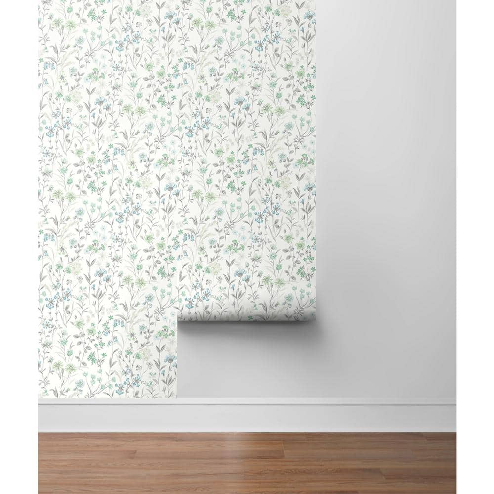 Dew Drop and Spring Green Vinyl Floral Peel and Stick Wallpaper Roll