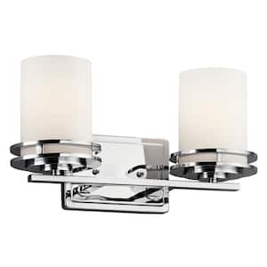 Hendrik 14.5 in. 2-Light Chrome Contemporary Bathroom Vanity Light with Etched Glass Shade