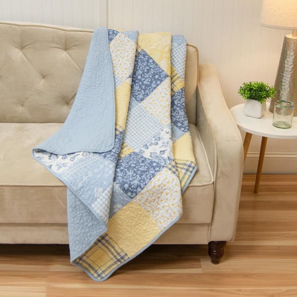 DONNA SHARP Spring Flowers Blue and Yellow Cotton Throw Blanket
