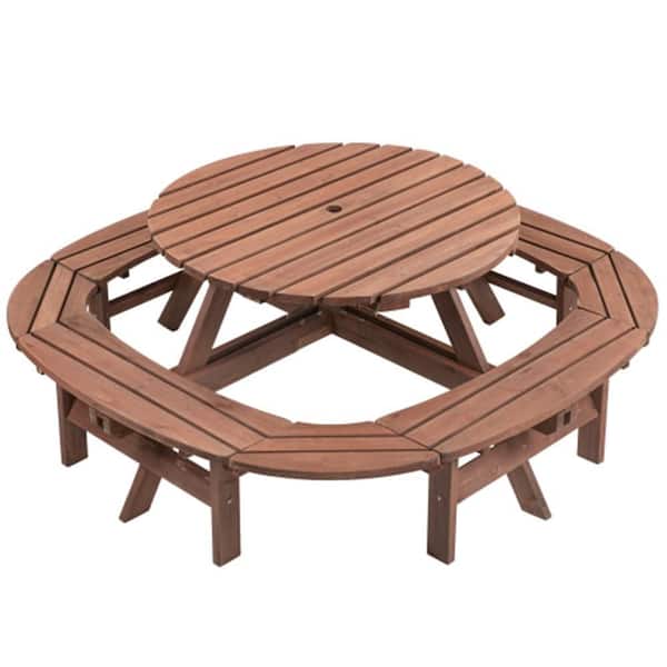 Oyezvary 70.40 in. Brown Round Wood Picnic Table Combo for 10-12 Outdoor Gatherings with Built-in Stool & 500-lb Capacity