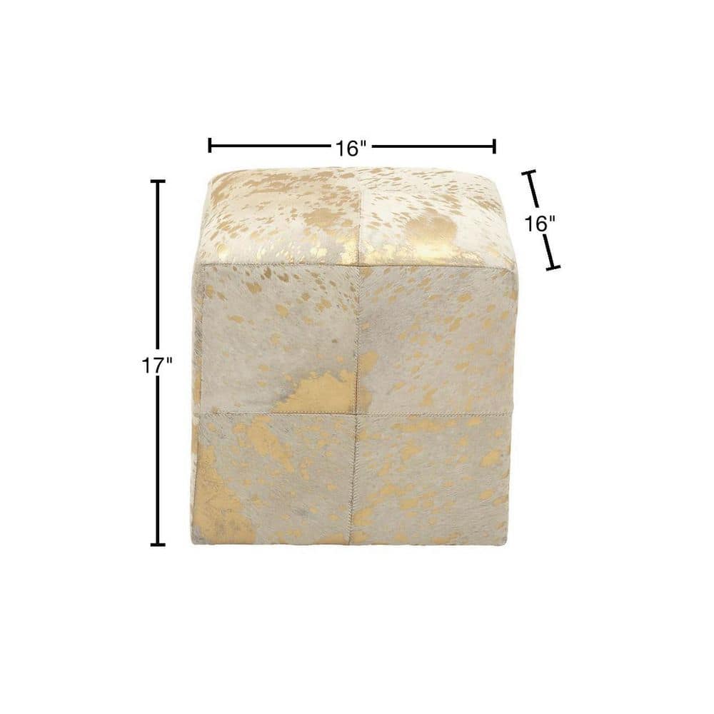 Gold and Beige Leather Box Pouf Stool