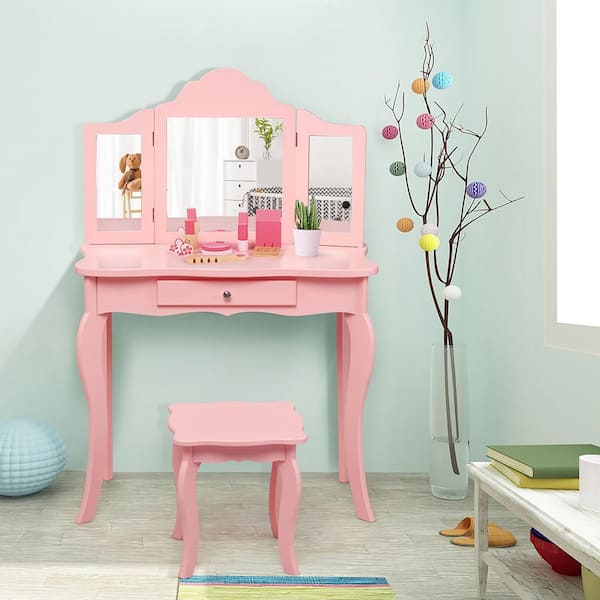Costway Pink Kids Vanity Table and Stool Princess Dressing Make Up Play Set for Girls Playard HW57895PI - The Depot