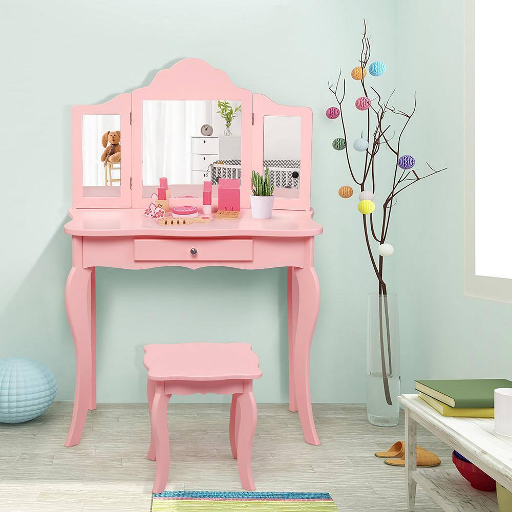 Pink MDF Kids Vanity Table and Stool Set with Tri-Folding Mirror