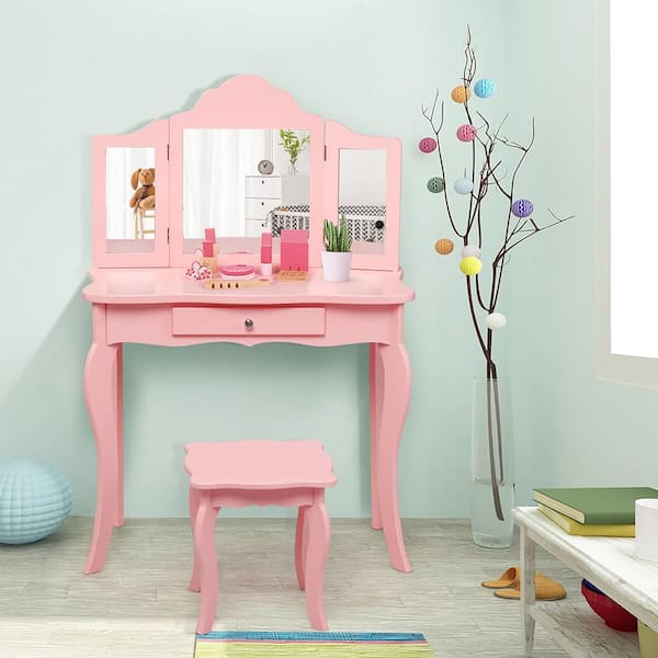 Pink Kids Vanity Table and Stool Princess Dressing Make Up Play Set for Girls Playard