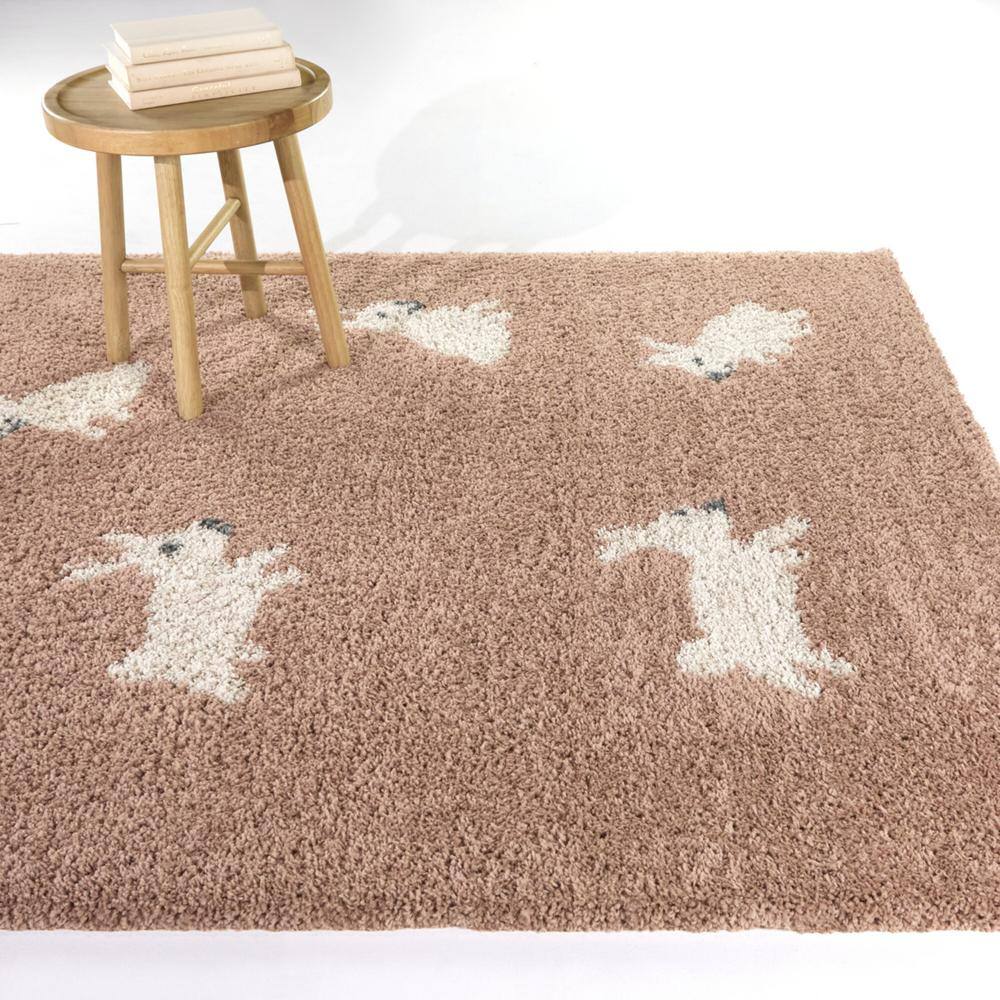 Arley Pink and White Bunny Pattern Synthetic Kids Rug