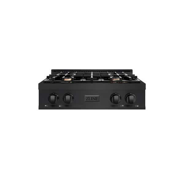 30 in. 4 Burner Front Control Gas Cooktop with Brass Burners in Black Stainless Steel