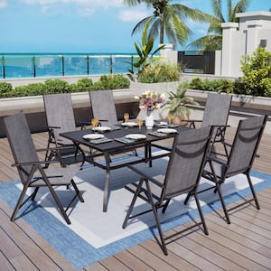 7-Piece Metal Patio Outdoor Dining Set with Grey Folding Reclining Sling Chair