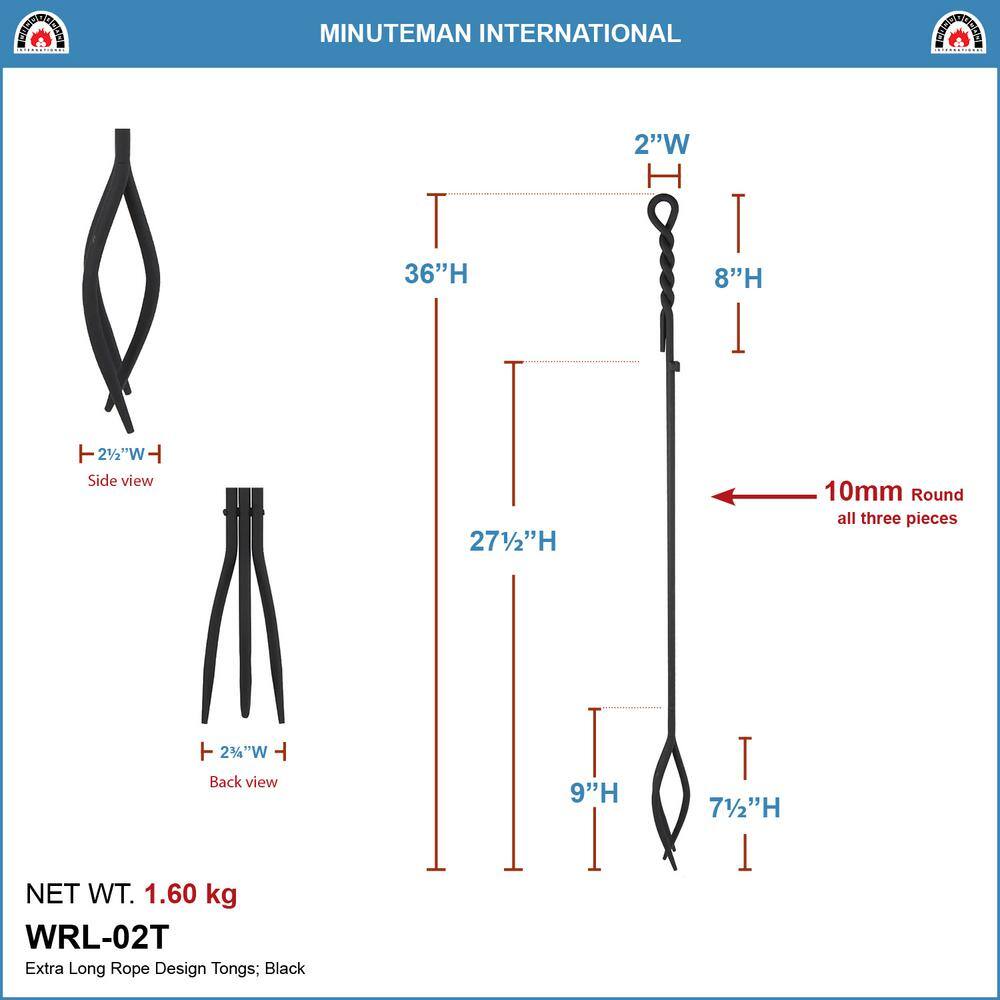 Minuteman International Iron Rope Handle Fireplace Tongs Single Tool, Black