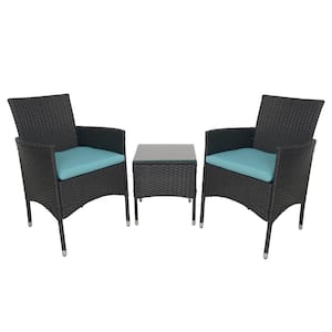 Black 3-Piece Wicker Outdoor Bistro Set with Lake Blue Cushions