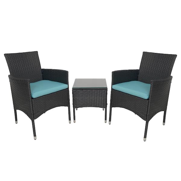 Zeus & Ruta Black 3-Piece Wicker Outdoor Bistro Set with Lake Blue Cushions