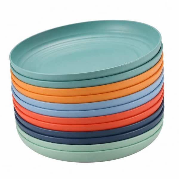 12-Piece Unbreakable Wheat Straw Dinner Plates Set, 6-Dark Multicolor Reusable Plastic Plates, Microwave Dishwasher Safe