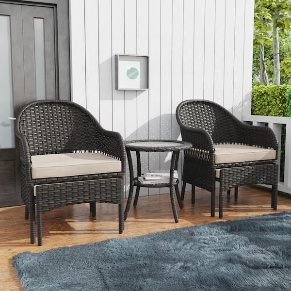 5-Piece Wicker Outdoor Patio Conversation Lounge Chair Set with Beige Cushions, Ottomans and Side Table