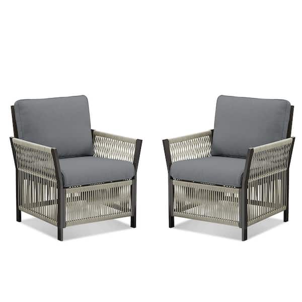 2-Piece Wicker Patio Conversation Lounge Chair with Gray Cushions, Suitable for Indoor and Outdoor