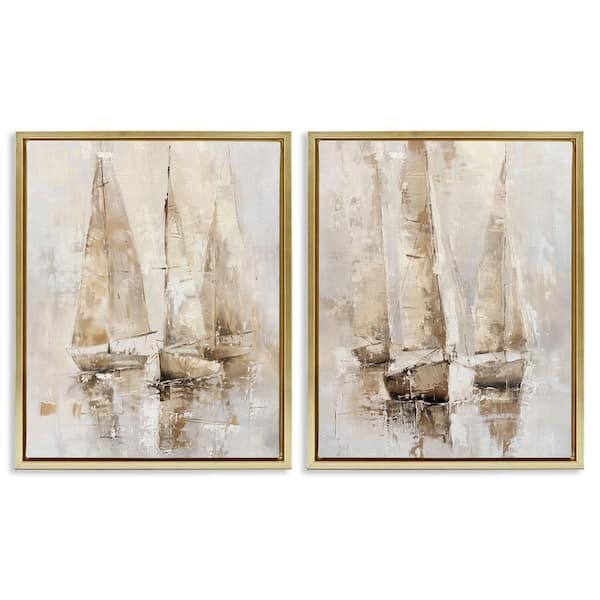 Neutral Toned Sailboats by Nina Blue 2-Pieces Gold Floater Frame Coastal Graphic Art Print 31 in. x 25 in.