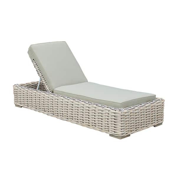 Anna White and Grey 1-Piece Wicker Aluminum Frame Outdoor Chaise Lounge with Grey Sunbrella Cushions