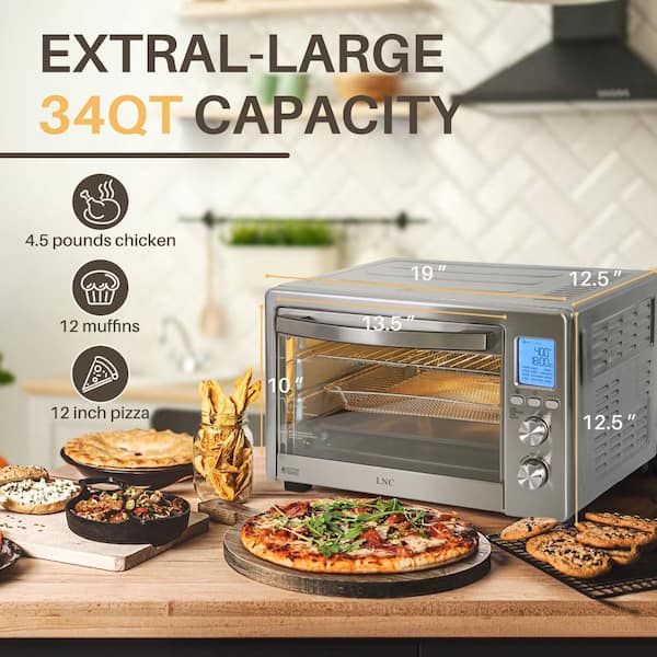 LNC All-in-1 33.8 qt. Silver Stainless Steel Digital Air Fryer Toaster Oven for Bake Roast Pizza with Accessories