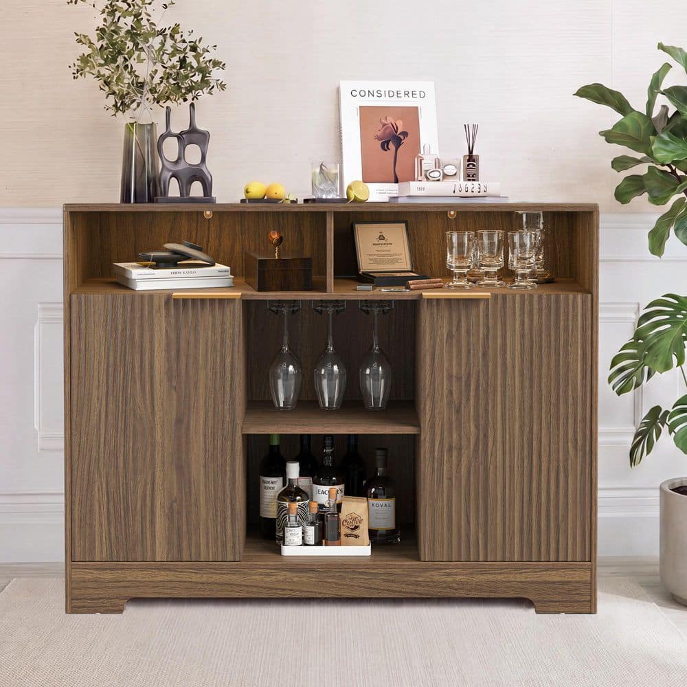 Isaac 47.2 in. Modern Light Walnut Grain MDF Buffet with LED Light, Wine Glass Rack and Fluted Doors