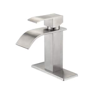 Single Handle Single Hole Waterfall Spout Bathroom Faucet with Deckplate Included in Brushed Nickel
