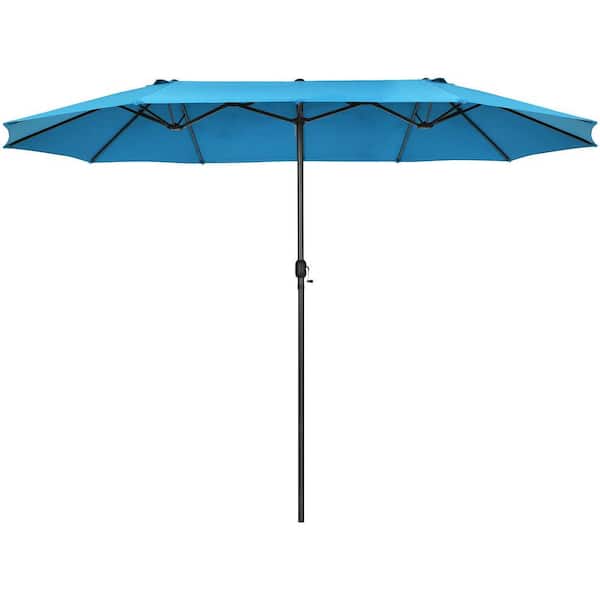 WELLFOR 15 ft. Market Double-Sided Patio Umbrella with Hand-Crank System in Blue
