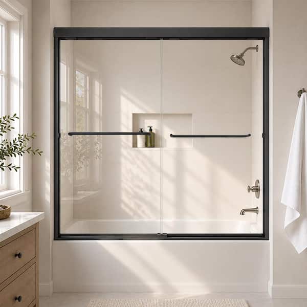 Sivilian 60 in. W x 56 in. H Sliding Bath Tub Door in Semi Frameless in Matte Black with Clear Glass