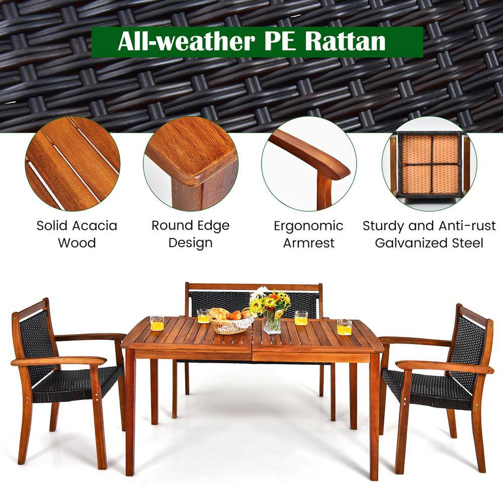 4-Piece Brown Wood and Black Rattan Patio Dining Set