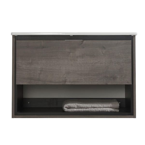 JimsMaison Eimi 32 in. W x 18 in. D x 20 in. H Bathroom Vanity Side Cabinet in Plaid Grey Oak with White Ceramic Top