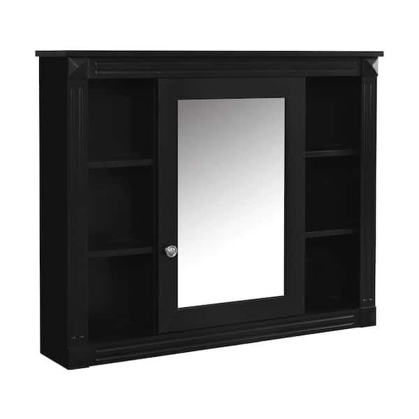 35 in. W x 7.1 in. D x 28.7 in. H  Wall Mounted Bathroom Storage Cabinet in Black with Mirror and  6 Open Shelves