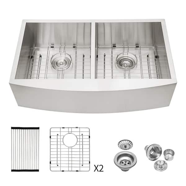 33 in. Farmhouse/Apron-Front Double Bowl (50/50) 16 Gauge Brushed Nickel Stainless Steel Kitchen Sink with Bottom Grids