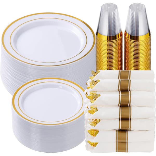 Gold Plastic Disposable Dinnerware Set for 50-Guests, 350-Pieces
