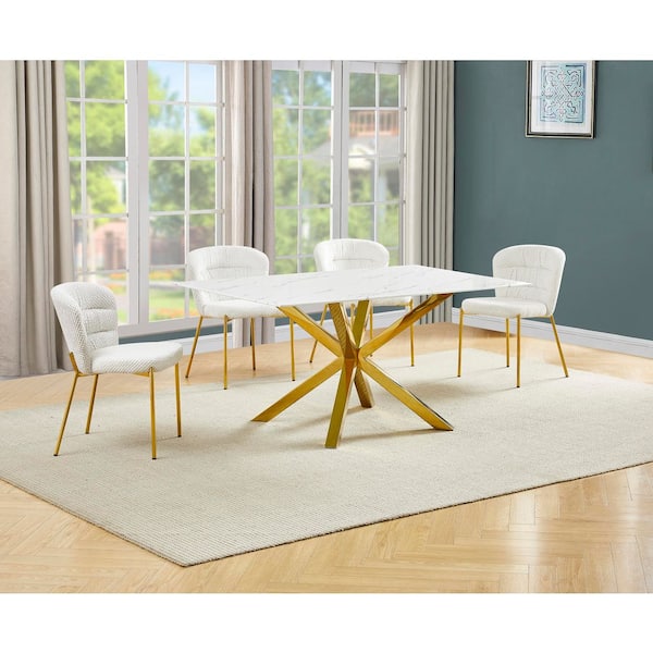Best Quality Furniture Riley 5-Piece White Marble Wrap Glass Top Gold Chrome Iron Legs Dining Set with 4 Cream Chairs