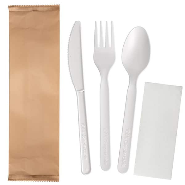 Visions Wrapped White Heavy Weight Plastic Cutlery Pack with Knife, Fork,  and Spoon - 500/Case