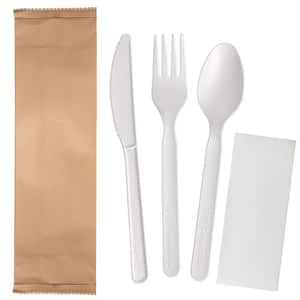 Ivory Individually Wrapped Disposable CPLA Utensil Packets, Fork/Knife/Spoon/Napkin [125 Packets]