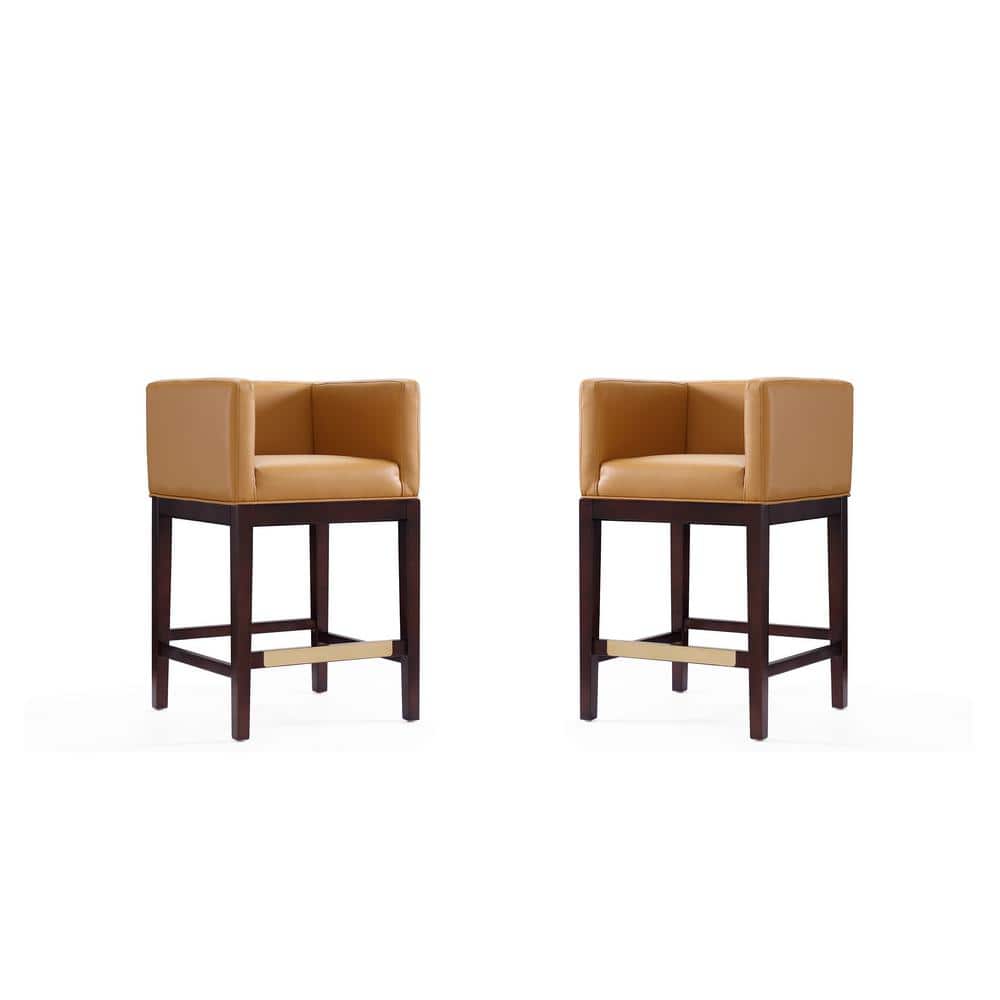 Set of 2 Camel Faux Leather and Walnut Wood Counter Stools