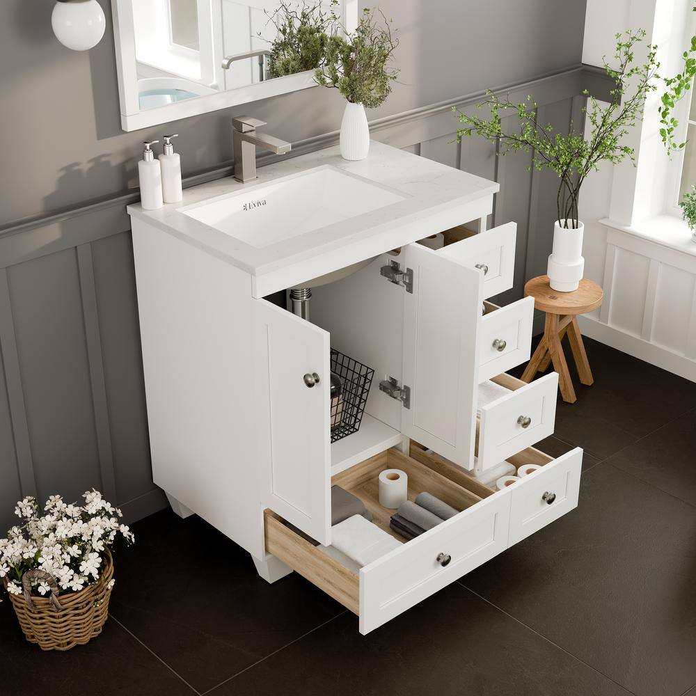 White 30" Bathroom Vanity with Carrara Quartz Countertop