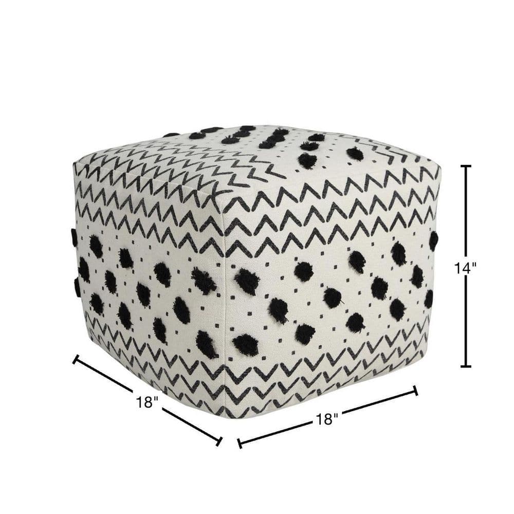 White and Black Geometric Tufted Cotton Square Pouf Ottoman