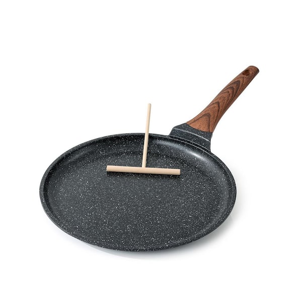 Black Aluminum 12 in. Crepe Pan Nonstick with Spreader, Granite Coating Flat Bottom for Stove Top, Induction Compatible