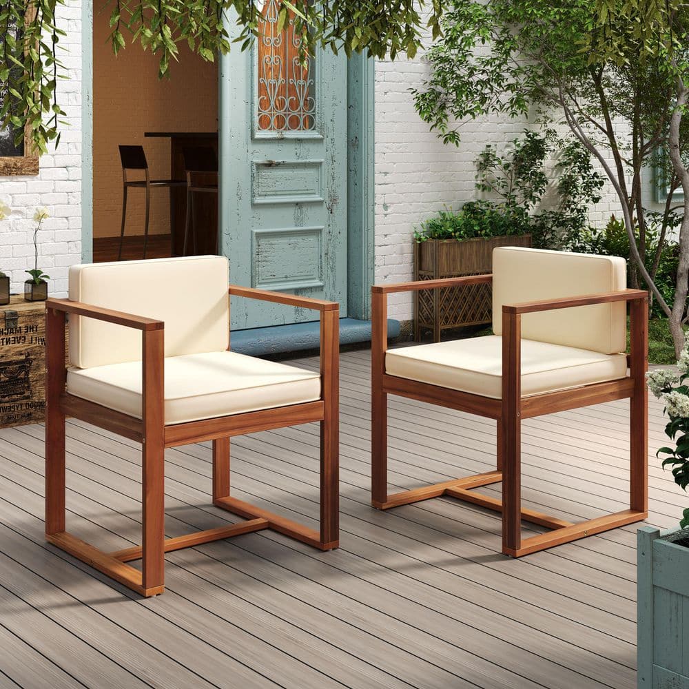 Patio Dining Armchairs, Teak Acacia Wood and Cushion Color-Beige, Open Back