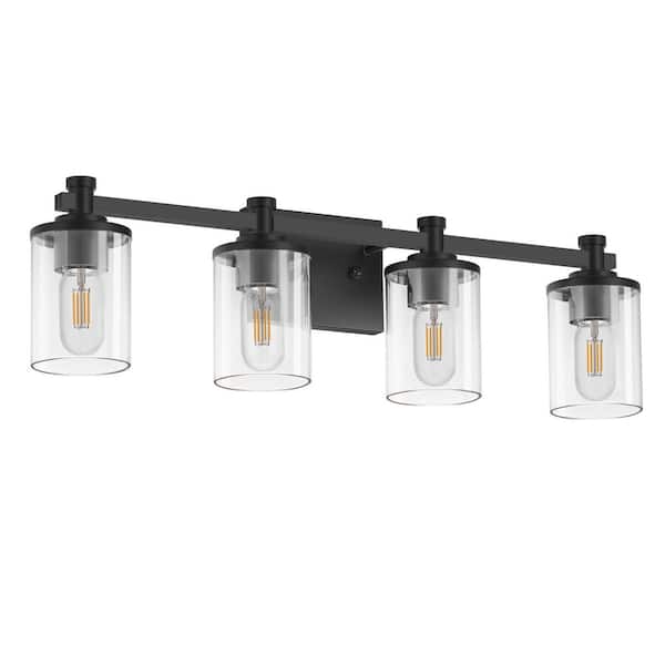 Emeritpro 28 in. 4-Light Matte Black Cylinder Vanity Light with Clear Glass Shades Perfect for Vanity Powder Room Dressing Room