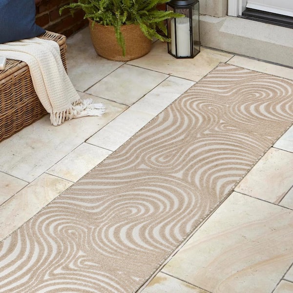 JONATHAN Y Maribo High-Low Abstract Groovy Striped Beige/Cream 2 ft. x 8 ft. Indoor/Outdoor Runner Rug
