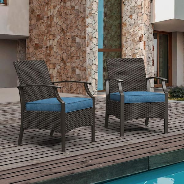 BANSA ROSE Peacock Blue PE Wicker Outdoor Dining Chair with Front Seat Baffle and Olefin Cushions (2-Pack)