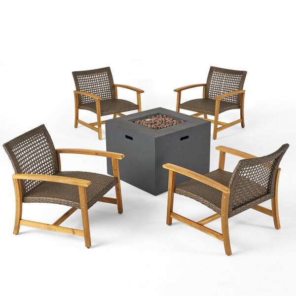Noble House Augusta Natural Finished 5-Piece Wood Outdoor Patio Fire Pit Seating Set