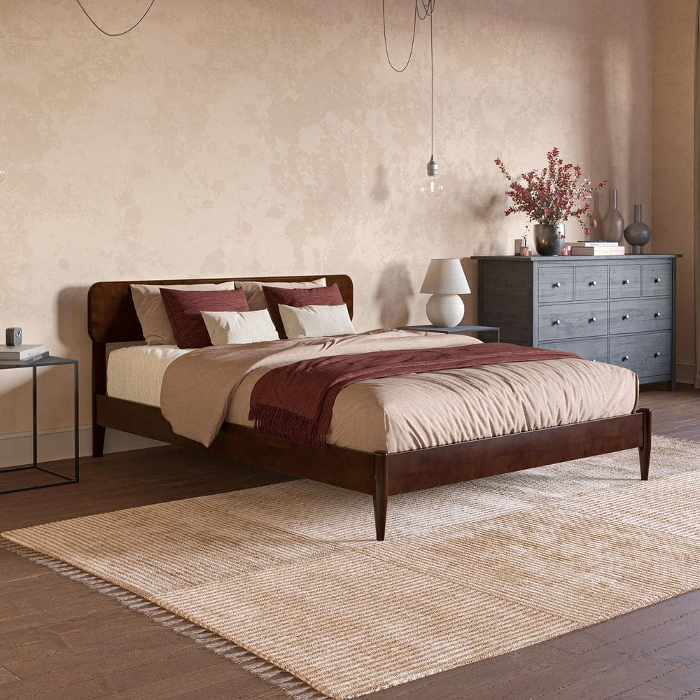 Florence Walnut Brown Solid Wood Frame Queen Low Profile Platform Bed