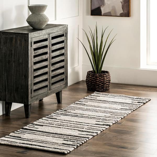 Carling Soft Shaggy Textured Contemporary Stripes Fringe Beige 3 ft. x 8 ft. Runner Rug