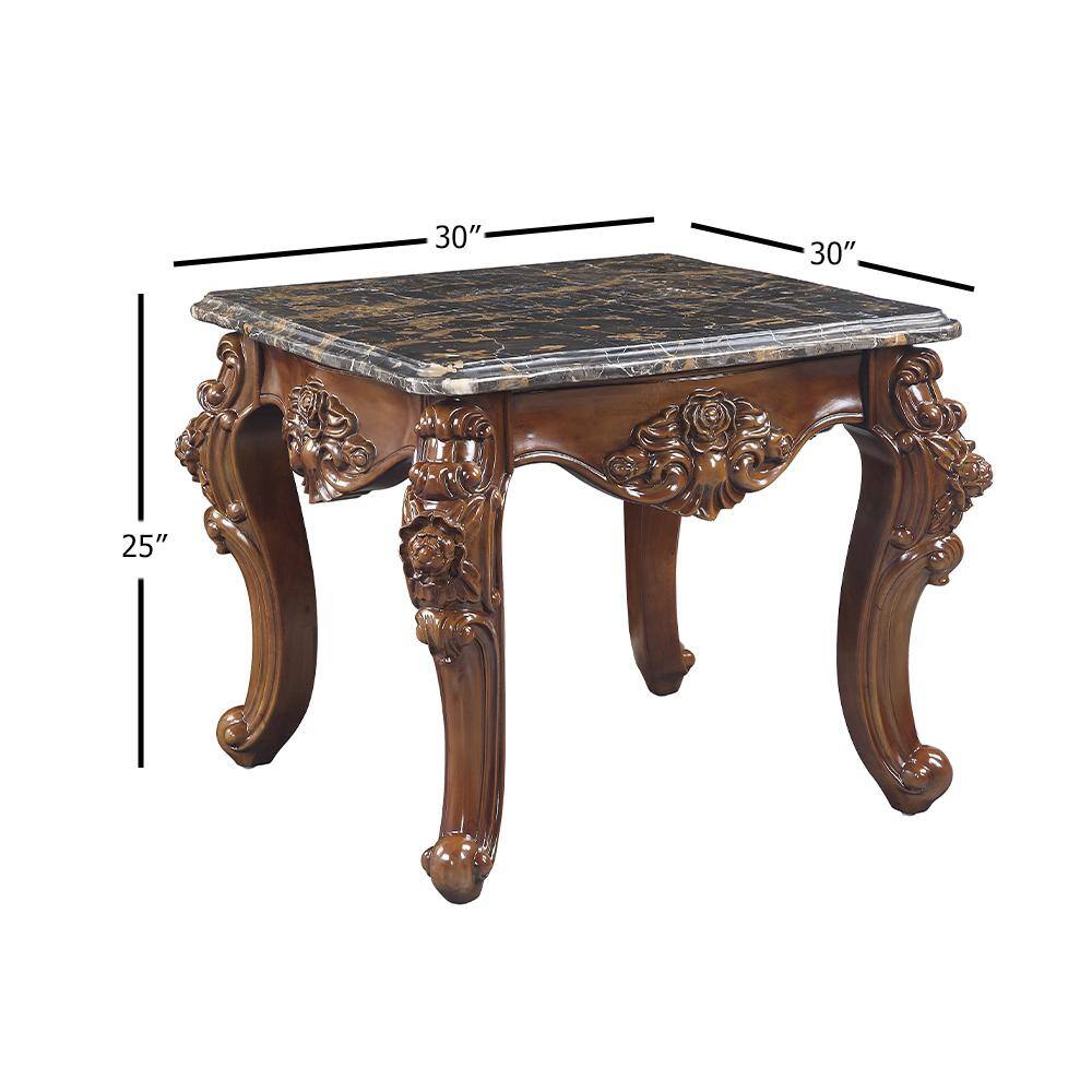 Walnut Brown Scalloped Marble Top End Table with Carved Floral Motifs