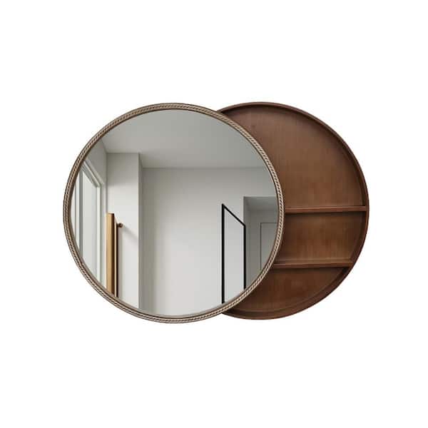 23.62 in. W x 23.62 in. H Round Brown Wood Medicine Cabinet with Mirror and Storage Shelves