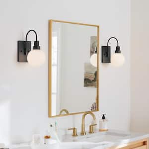 Hex 11.5 in. 1-Light Black Bathroom Wall Sconce Light with Opal Glass Shade