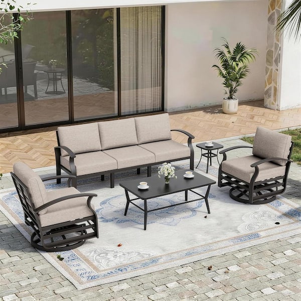 4-Piece Patio Aluminum Conversation Set with Swivel Rocking Chairs, Rectangular Coffee Table and Sand Cushions, Outdoor