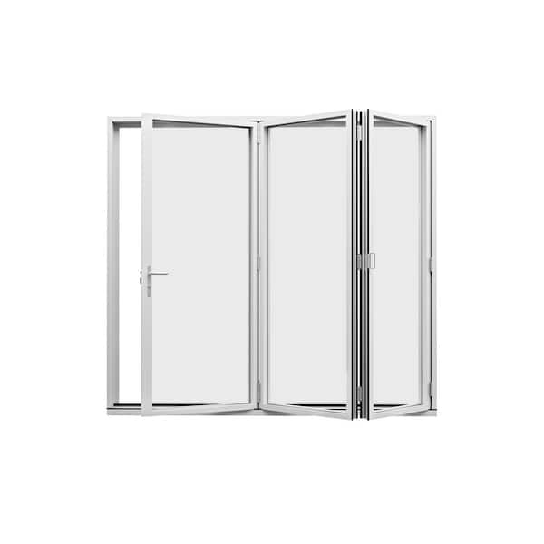 96 in. x 80 in. Right Swing/OutSwing Tempered Glass White Aluminum Folding Patio Door with Door Stopper (3-Folding)