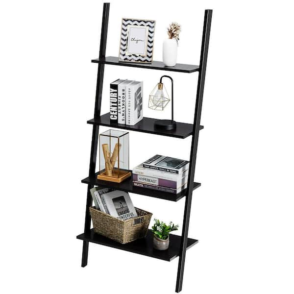 Ktaxon 4 Tier Metal Leaning Ladder Shelf Bookcase Bookshelf Storage Shelves  Unit Black