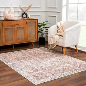 Bian 6 ft. X 9 ft. Peach, Pink, Mustard, Red, Beige, Aqua Floral Distressed Transitional Style Machine Washable Area Rug
